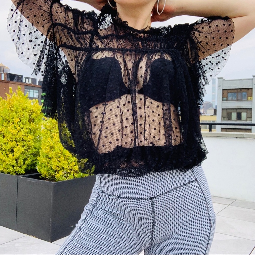 Hat or Top Free People Sheer Polka Dot Tulle Ruffle Cinch Top - Picture 4 of 16